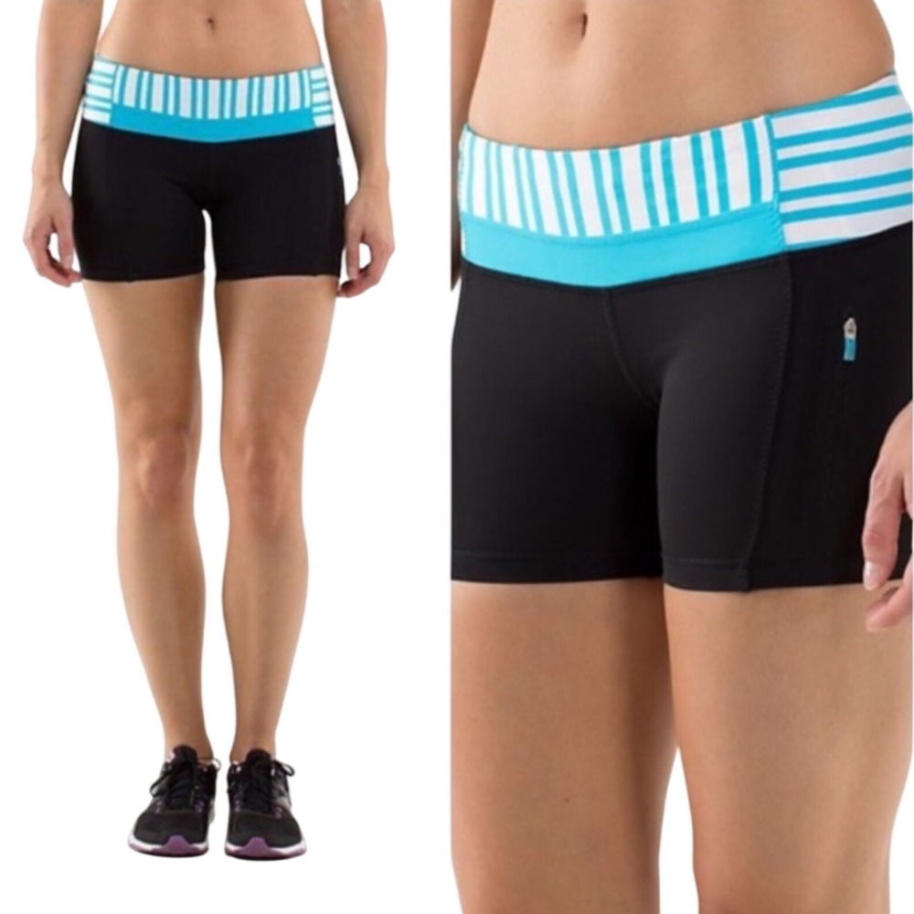 Lululemon Turbo Run Shorts Black Teal Striped Waistband Low Rise Zip Pocket 4